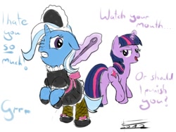 Size: 1000x750 | Tagged: safe, artist:crade, imported from derpibooru, trixie, twilight sparkle, pony, unicorn, butt, clothes, dialogue, domination, female, femdom, femsub, fishnets, maid, mare, plot, slave, submissive, the weak and powerless trixie, twidom