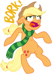 Size: 4259x6000 | Tagged: safe, artist:masem, idw, imported from derpibooru, applejack, pony, spoiler:comicm06, absurd resolution, bipedal, bork, clothes, faic, female, floppy ears, idw showified, open mouth, palindrome get, scarf, silly, silly pony, simple background, solo, tongue out, transparent background, vector, who's a silly pony