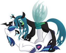 Size: 3692x3000 | Tagged: safe, artist:drawponies, artist:jakage, imported from derpibooru, queen chrysalis, shining armor, changeling, changeling queen, pony, unicorn, female, femdom, imminent rape, male, shining chrysalis, shipping, simple background, stallion, straight, transparent background