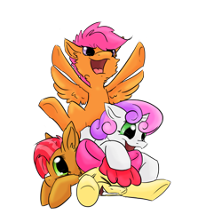 Size: 1747x1884 | Tagged: safe, artist:linnyillustrates, imported from derpibooru, apple bloom, babs seed, scootaloo, sweetie belle, earth pony, pegasus, pony, unicorn, cheek fluff, cutie mark crusaders, female, filly, fluffy, gritted teeth, open mouth, pony pile, simple background, smiling, transparent background