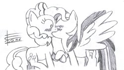 Size: 1103x628 | Tagged: safe, artist:crade, imported from derpibooru, pinkie pie, rainbow dash, earth pony, pegasus, pony, 2011, blushing, female, kiss on the lips, kissing, lesbian, monochrome, pinkiedash, shipping, surprise kiss