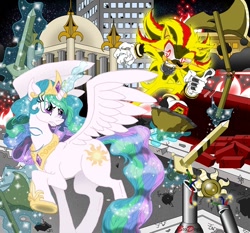 Size: 882x822 | Tagged: safe, artist:brodogz, imported from derpibooru, princess celestia, alicorn, hedgehog, pony, a new dawn, city, commission, crossover, fanfic art, magic, shadow the hedgehog, sonic the comic, sonic the hedgehog (series), super shadow, telekinesis