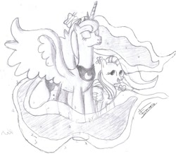 Size: 1255x1092 | Tagged: safe, artist:crade, imported from derpibooru, fluttershy, princess luna, monochrome