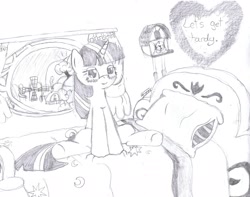 Size: 1984x1565 | Tagged: safe, artist:crade, imported from derpibooru, twilight sparkle, pony, unicorn, bed, blushing, female, mare, monochrome, unicorn twilight