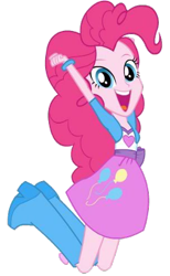 Size: 304x492 | Tagged: safe, imported from derpibooru, pinkie pie, equestria girls, balloon, boots, bracelet, clothes, dash for the crown, equestria girls prototype, female, game, happy, high heel boots, jewelry, jumping, skirt, solo