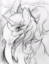 Size: 1626x2113 | Tagged: safe, artist:lunarguard, imported from derpibooru, princess luna, clothes, female, kimono (clothing), monochrome, solo, traditional art