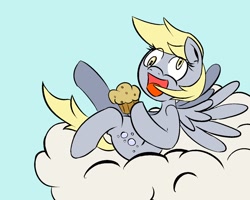 Size: 1280x1024 | Tagged: safe, artist:ultra, imported from derpibooru, derpy hooves, pegasus, pony, cloud, female, happy, mare, muffin, solo, that pony sure does love muffins