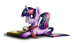 Size: 1100x648 | Tagged: safe, artist:xioade, imported from derpibooru, twilight sparkle, pony, unicorn, adorkable, alternate hairstyle, book, braces, clothes, coffee mug, cute, dork, female, glasses, looking back, lying down, mare, mug, ponytail, retainer, scarf, simple background, solo, transparent background