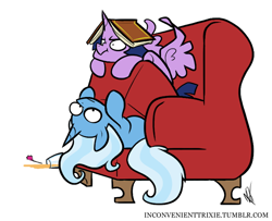 Size: 698x568 | Tagged: safe, artist:egophiliac, imported from derpibooru, trixie, twilight sparkle, alicorn, pony, unicorn, tumblr:inconvenient trixie, armchair, book, chair, duo, female, inconvenient trixie, mare, scrunchy face, simple background, tumblr, twilight is not amused, twilight sparkle (alicorn), twilight sparkle is not amused, unamused, white background, woonoggles