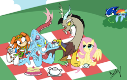 Size: 1927x1221 | Tagged: safe, artist:splinterstar, deleted from derpibooru, imported from derpibooru, discord, fluttershy, rainbow dash, bandeau, cake, chaos, clothes, crossover, midriff, picnic, picnic blanket, skirt, sonic the hedgehog (series), teacup, teapot, tikal