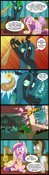 Size: 628x2200 | Tagged: safe, artist:madmax, imported from derpibooru, doctor whooves, princess cadance, queen chrysalis, time turner, baseball bat, comic, dumpster, hilarious in hindsight, magic, pregnant, prenatal magic