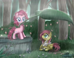 Size: 5120x3995 | Tagged: safe, artist:pridark, imported from derpibooru, angel bunny, fluttershy, pinkie pie, earth pony, pegasus, pony, crying, eye contact, female, flutterpie, leaf, leaf umbrella, lesbian, looking at each other, rain, shipping, wet mane