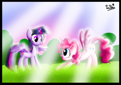 Size: 800x566 | Tagged: safe, artist:neoncabaret, imported from derpibooru, pinkie pie, twilight sparkle, alicorn, pony, female, lesbian, mare, shipping, twilight sparkle (alicorn), twinkie