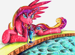 Size: 1500x1115 | Tagged: safe, artist:jamescorck, imported from derpibooru, princess cadance, drink, female, magic, solo, straw, swimming pool, telekinesis, traditional art, water