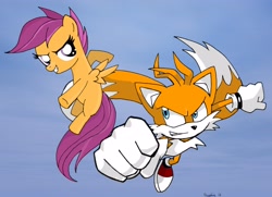 Size: 3950x2862 | Tagged: safe, artist:theblackemperor, imported from derpibooru, scootaloo, crossover, miles "tails" prower, scootaloo can fly, sonic the hedgehog (series)