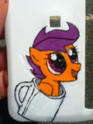 Size: 720x960 | Tagged: safe, imported from derpibooru, scootaloo, case, cellphone, cup, female, mug, photo, solo, wip