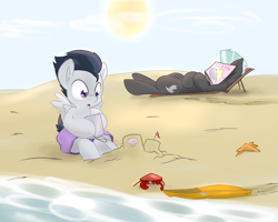 Size: 5000x4000 | Tagged: safe, artist:kryptchild, imported from derpibooru, derpy hooves, rumble, thunderlane, crab, pegasus, pony, assisted exposure, beach, brothers, bucket, butt, clothes, clothing theft, female, magazine, mare, partial nudity, plot, sandcastle, swimsuit, swimsuit theft, topless