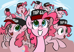 Size: 2356x1668 | Tagged: safe, artist:derkrazykraut, edit, imported from derpibooru, pinkie pie, baseball cap, fun fun fun, hat, top gun