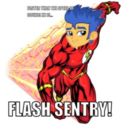 Size: 1000x1000 | Tagged: safe, edit, imported from derpibooru, flash sentry, 1000 hours in ms paint, caption, dc comics, exploitable meme, flash sentry savior of the universe, meme, ms paint, pun, text, the flash