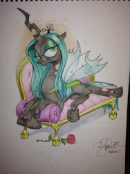 Size: 852x1136 | Tagged: safe, artist:andypriceart, imported from derpibooru, queen chrysalis, changeling, changeling queen, couch, crown, female, jewelry, regalia, solo, traditional art