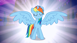 Size: 1280x720 | Tagged: safe, imported from derpibooru, rainbow dash, alicorn, pony, alicorn flash, exploitable meme, female, meme, race swap, rainbowcorn, solo