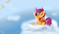 Size: 1600x914 | Tagged: safe, artist:yuukon, imported from derpibooru, scootaloo, cloud, cloudy, female, solo