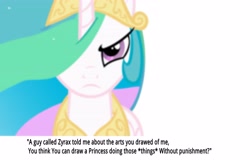 Size: 4000x2557 | Tagged: safe, imported from derpibooru, princess celestia, angry, bronybait, dialogue, female, monkeydzyrax, solo, text