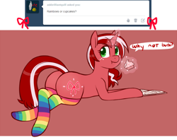 Size: 900x712 | Tagged: safe, artist:redintravenous, imported from derpibooru, oc, oc only, oc:red ribbon, unicorn, book, butt, clothes, cupcake, female, mare, plot, rainbow socks, socks, solo, striped socks, tumblr