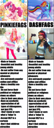 Size: 1230x2869 | Tagged: safe, imported from derpibooru, pinkie pie, rainbow dash, /mlp/, 4chan, comparison, comparison trolling, cosplay, fan, jessica nigri, op is trying to start shit, ponyfags