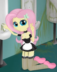 Size: 960x1201 | Tagged: safe, artist:ohohokapi, imported from derpibooru, fluttershy, equestria girls, breasts, cleavage, clothes, female, maid, solo, toilet, urinal