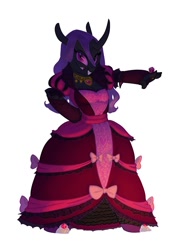 Size: 738x1000 | Tagged: safe, artist:carnifex, imported from derpibooru, oc, oc only, oc:miasma, anthro, changeling, changeling queen, anthro oc, changeling oc, changeling queen oc, clothes, dress, female, purple changeling, simple background, solo