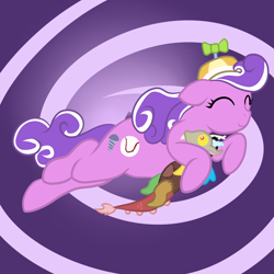 Size: 2000x2000 | Tagged: safe, artist:cornofthebreads, imported from derpibooru, discord, screwball, backwards cutie mark, cute, doll, eyes closed, female, happy, hat, hug, male, propeller hat, solo, swirls, teddy bear