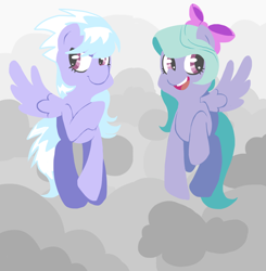 Size: 978x1000 | Tagged: safe, artist:coggler, imported from derpibooru, cloudchaser, flitter, :d, cloud, duo, flying, front view, full body, happy, looking away, one wing out, open mouth, open smile, raised hoof, side by side, smiling, wings