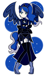 Size: 1500x2449 | Tagged: safe, artist:mizuki4560, imported from derpibooru, princess luna, human, clothes, eared humanization, female, horned humanization, humanized, solo, stockings, tailed humanization, winged humanization