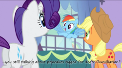 Size: 1064x596 | Tagged: safe, edit, edited screencap, imported from derpibooru, screencap, applejack, rainbow dash, rarity, earth pony, pegasus, pony, unicorn, spike at your service, butt, implied death, insane pony thread, it's a trap, pancakes, plot, tumblr, window