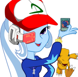 Size: 725x716 | Tagged: safe, imported from derpibooru, trixie, agumon, equestria girls, equestria girls (movie), ash ketchum, baseball cap, digimon, dragon ball, dragon ball z, exploitable meme, hat, humanized, look what trixie found, meme, object dissonance, pokémon, scanner, scouter, vegeta, yu-gi-oh!