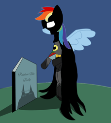 Size: 1280x1422 | Tagged: safe, imported from derpibooru, rainbow dash, pegasus, pony, batman, batmare, bipedal, crossover, dc comics, female, grass, gravestone, implied death, mare, parody, rose, solo