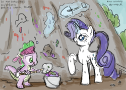 Size: 1280x910 | Tagged: safe, artist:king-kakapo, imported from derpibooru, rarity, spike, dragon, pony, unicorn, 30 minute art challenge, alternate hairstyle, bandana, bucket, duo, magic, ponytail, raised hoof, shovel, sketch, sweat, telekinesis