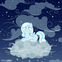 Size: 9044x9042 | Tagged: safe, artist:silverarrow87, imported from derpibooru, oc, oc only, oc:snowdrop, pegasus, pony, absurd resolution, cloud, cloudy, looking up, lying down, lying on a cloud, night, night sky, on a cloud, pegasus oc, sky, snow, snowfall, snowflake, solo, wings