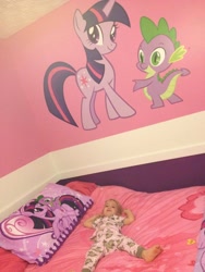 Size: 1983x2644 | Tagged: safe, imported from derpibooru, spike, twilight sparkle, human, bed, irl, irl human, photo, pillow, target demographic