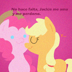 Size: 500x500 | Tagged: safe, imported from derpibooru, applejack, pinkie pie, :3, pinkierespuestas, spanish