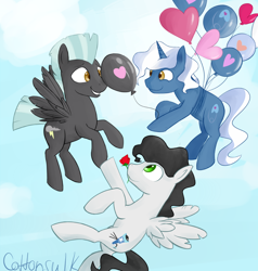 Size: 800x840 | Tagged: safe, artist:cottonsulk, imported from derpibooru, mercury, milky way, pokey pierce, starry eyes (character), thunderlane, balloon, boop, floating, flower, flying, gay, heart, heart balloon, holding hooves, hoofbump, male, noseboop, pokeylane, rose, shipping, sky, starrylane, telescope