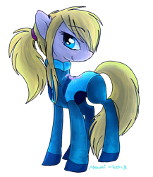 Size: 800x923 | Tagged: safe, artist:namiwami, imported from derpibooru, pony, metroid, nintendo, ponified, ponytail, samus aran, solo, zero suit