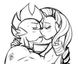 Size: 500x409 | Tagged: safe, artist:pia-sama, imported from derpibooru, rarity, spike, anthro, female, imminent kissing, male, monochrome, shipping, sparity, straight