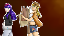 Size: 1002x565 | Tagged: safe, artist:frikitty, imported from derpibooru, applejack, rarity, human, beatnik rarity, belly button, beret, clothes, female, hat, humanized, lesbian, midriff, rarijack, shipping