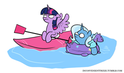 Size: 1139x676 | Tagged: safe, artist:egophiliac, imported from derpibooru, trixie, twilight sparkle, alicorn, pony, unicorn, tumblr:inconvenient trixie, female, floaty, hoof hold, inconvenient trixie, inner tube, kayak, mare, tumblr, twilight is not amused, twilight sparkle (alicorn), twilight sparkle is not amused, unamused, water, water wings, woonoggles