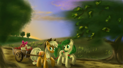 Size: 1800x1000 | Tagged: safe, artist:ardail, imported from derpibooru, apple bloom, apple fritter, applejack, apple, apple family member, cart, cottagecore, sleeping