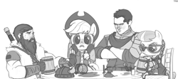 Size: 2250x1000 | Tagged: safe, artist:tex, imported from derpibooru, applejack, silver spoon, oc, oc:tex, dwarf, human, clothes, drink, glasses, monochrome, sketch, table, viking