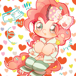 Size: 512x512 | Tagged: safe, artist:natumi, imported from derpibooru, pinkie pie, earth pony, semi-anthro, ask harajukupinkiepie, askharajukupinkiepie, balloon, bow, clothes, cute, decora, diapinkes, eye clipping through hair, female, hair accessory, hair bow, harajuku, heart, heart eyes, panties, socks, solo, striped socks, underwear, wingding eyes