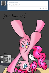 Size: 1280x1920 | Tagged: safe, artist:novaspark, imported from derpibooru, pinkie pie, ask, breakdancing, female, innocent pinkie, solo, tumblr